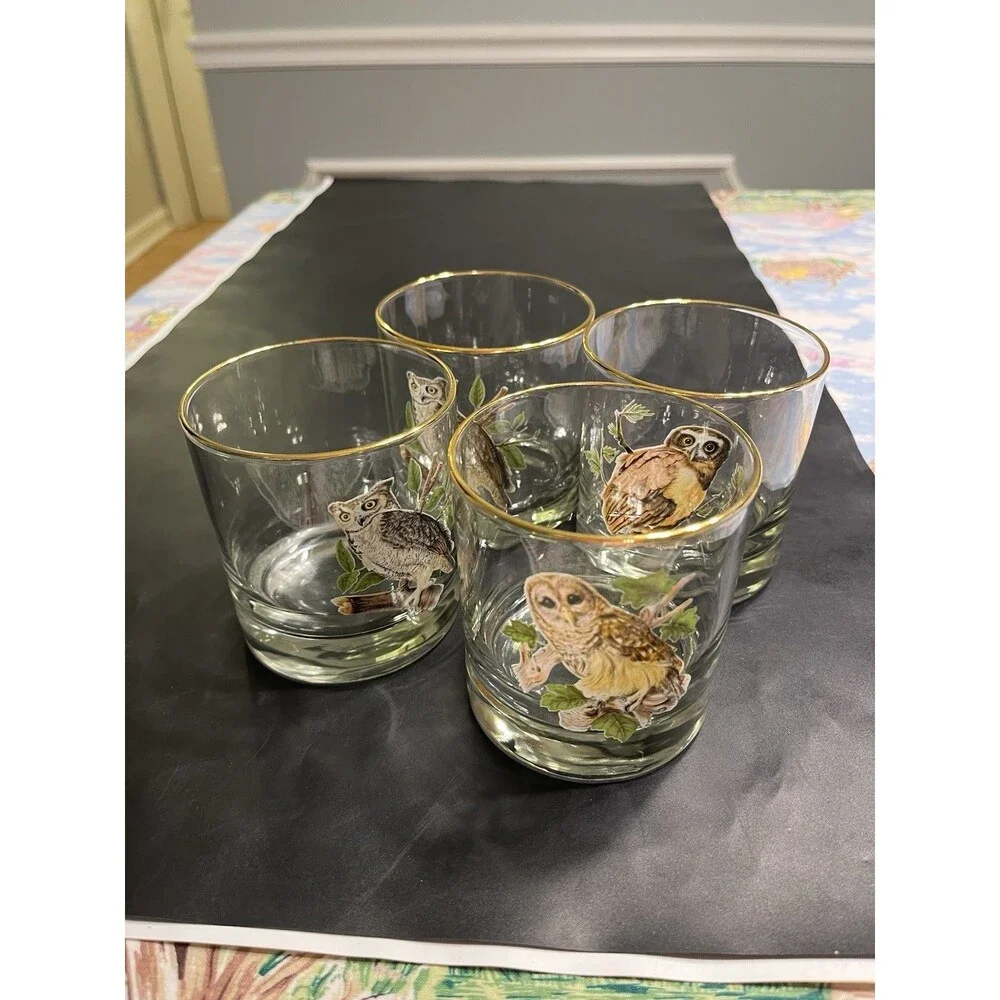 4pc MCM Owl on Branch Gold Rim Tumbler Old Fashion Glasses